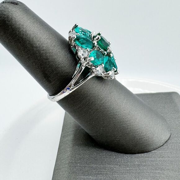 Vintage Art Deco Green 925 1930s Cluster Ring Dazzling Statement Flower - Picture 3 of 10